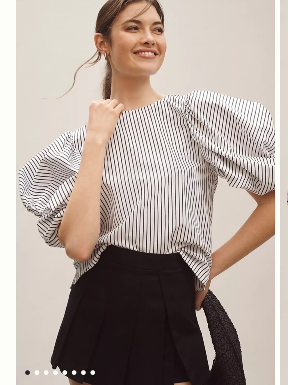 Maeve White Blouse XS Black Pinstripes Puff Sleeves Summer Nautical